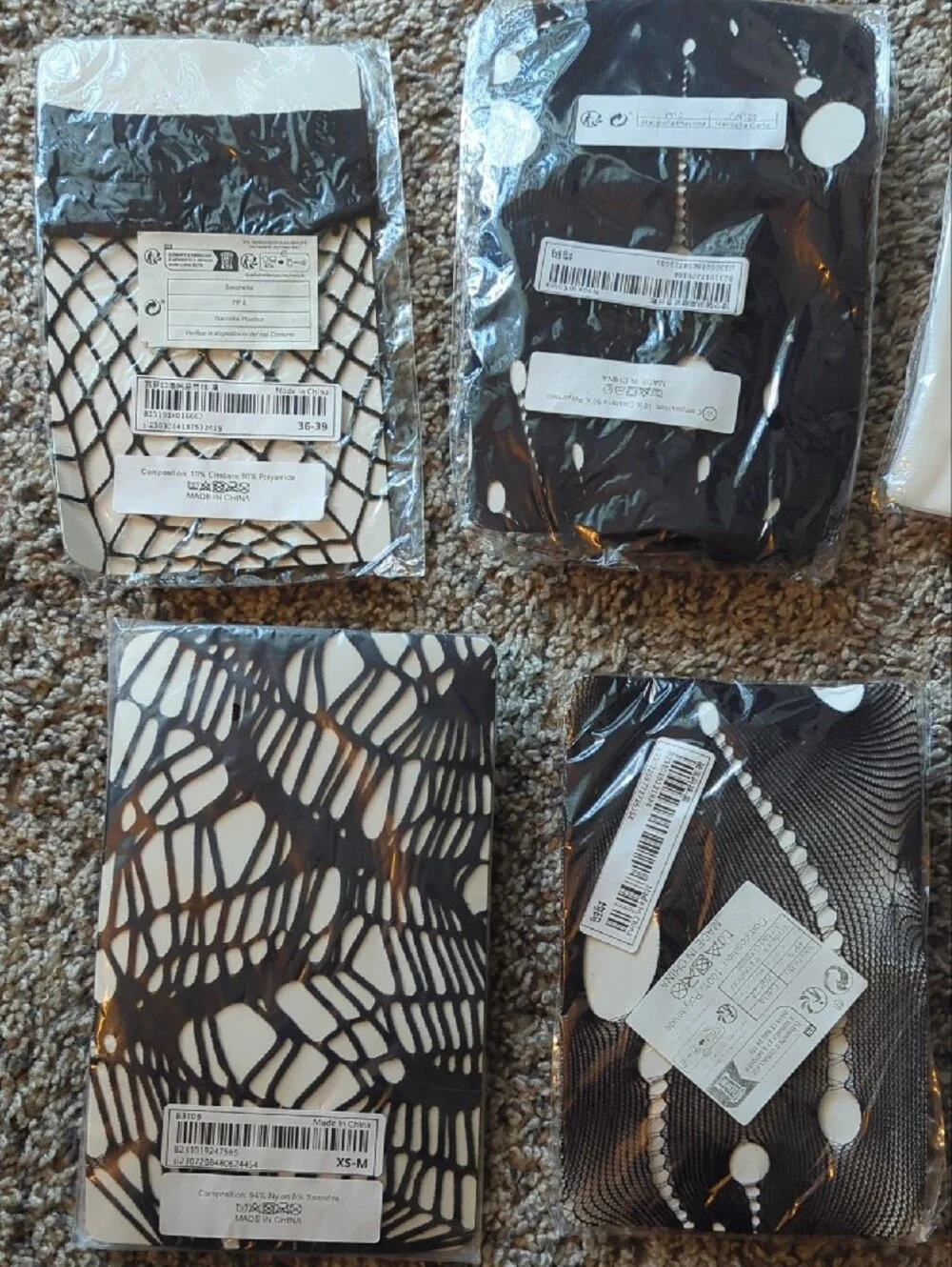 12 Pairs of Mixed Patterned Tights and Hosiery - Black, White, Beige